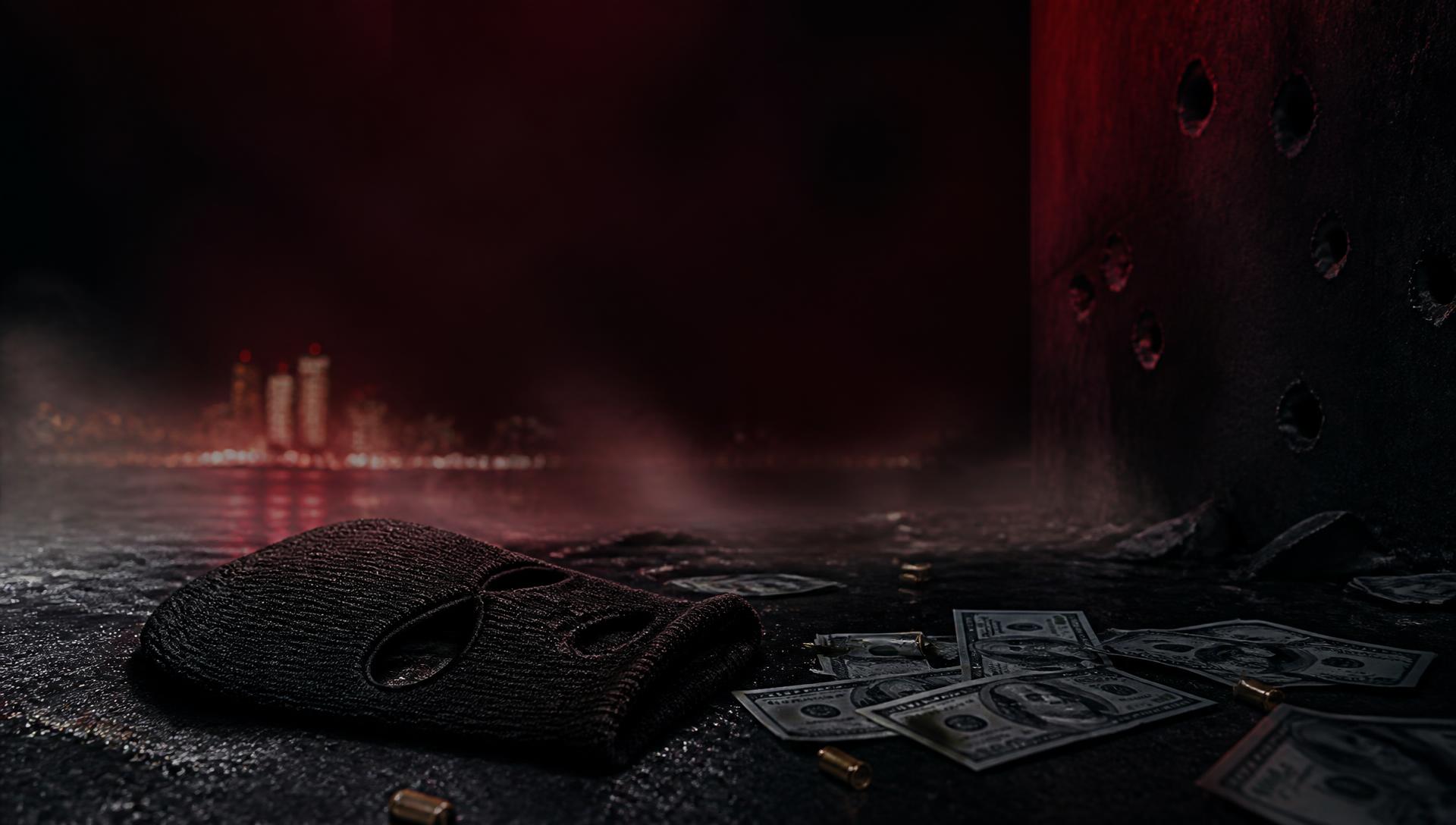 A black ski mask, scattered cash and shell casings on wet asphalt beneath distant city lights